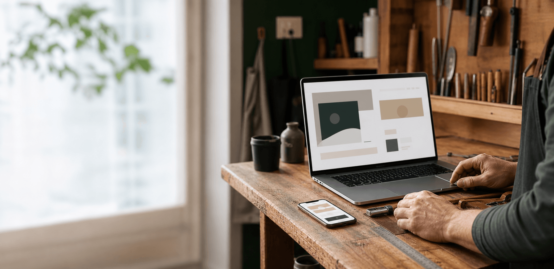 Atelier artisanal avec ordinateur et outils